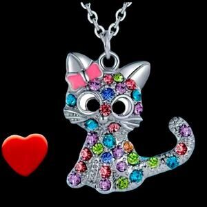 Cat lover Gorgeous Rhinestone Bow & Kitten Pendant Necklace 18 inches long